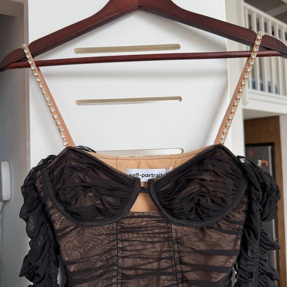 SELF-PORTRAIT Power Mesh Long Sleeve Midi Dress Black Crystal Embellished Cutout - Picture 4 of 4